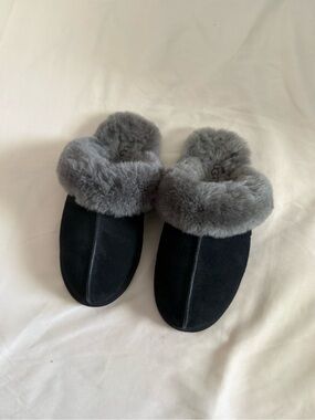 UGG Black Suede Shearling-Cuff Slip-On Slippers